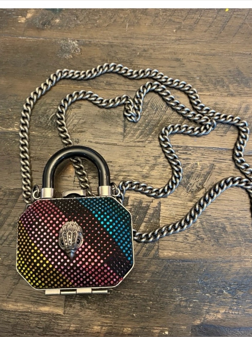 Multicolor Studded Padlock Crossbody Bag with Chain kurt geiger accepting offers